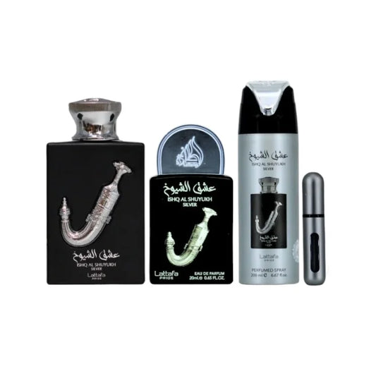 Estuche Lataffa Ishq Shuyukh Silver 100 ML HM EDP 4 Pz